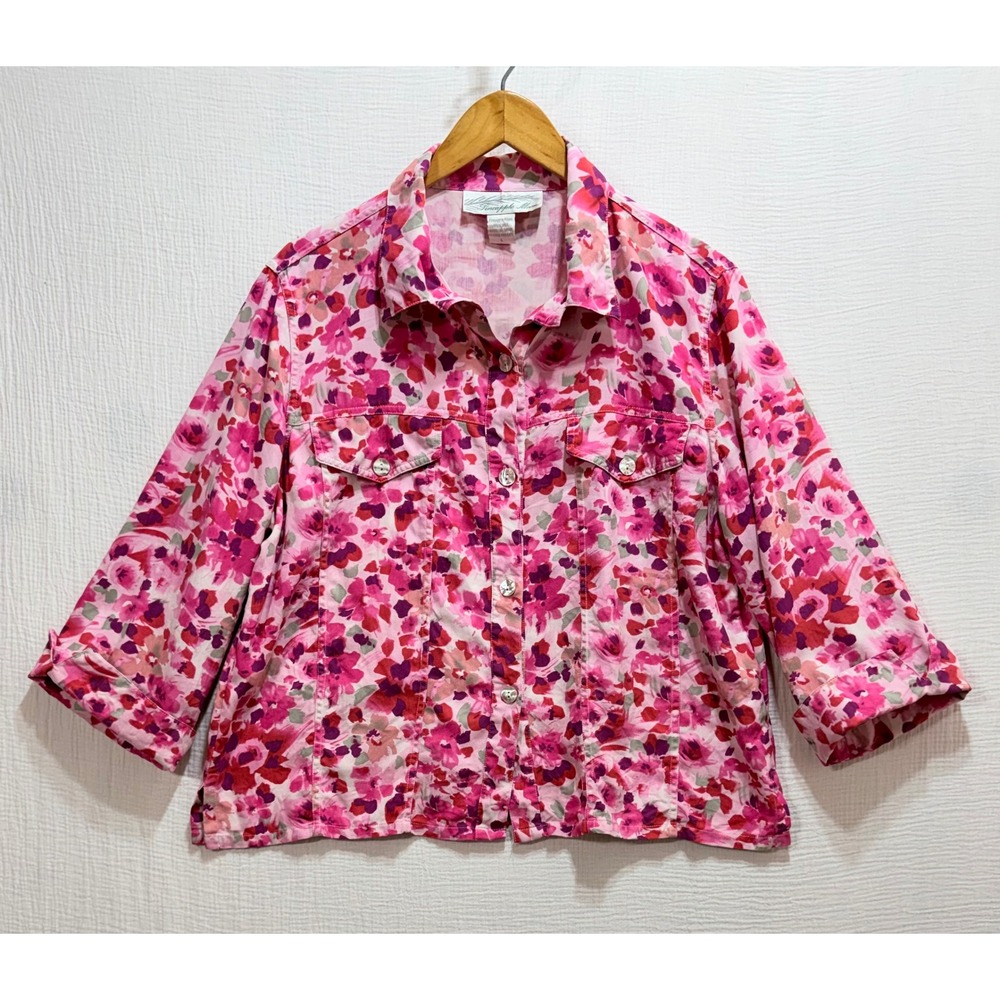 Pineapple Moon Silk Button Up Shirt Womens Large Pink Floral Tropical Casual